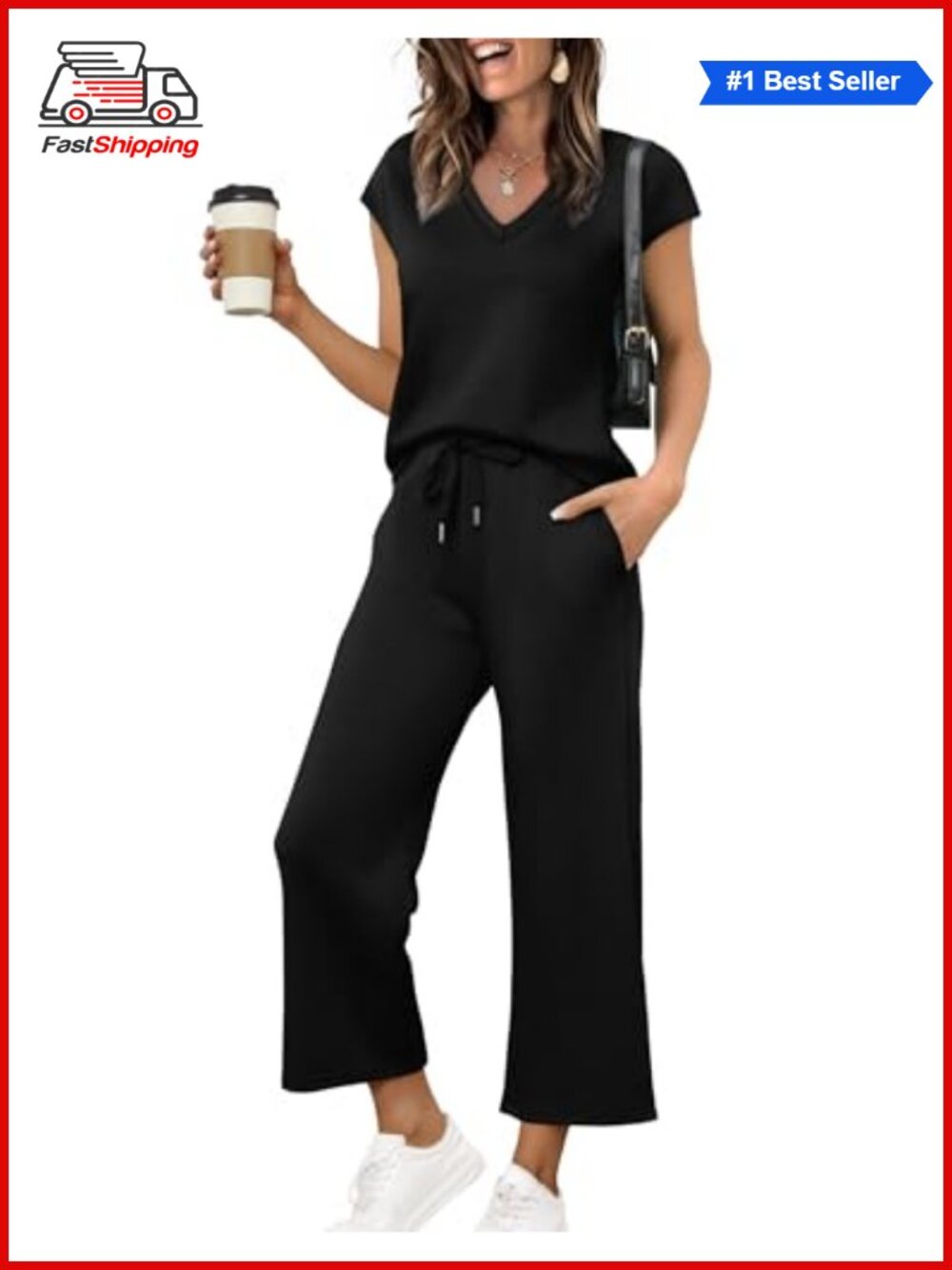 ✨Saloogoe Two Piece Set V Neck Cap Sleeve Wide Leg Pants Lounge Travel